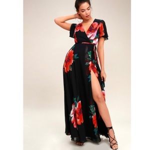 Lulus Sonic Bloom Black Floral Wrap Maxi Dress